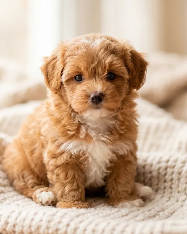 Bogyó, 6 hetes maltipoo kan kölyök, vörösesbarna, fehér mellényes, egy tenyérben