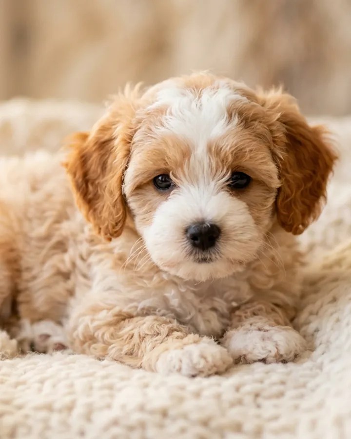 Fahéjka, 6 hetes maltipoo szuka kölyök, világos karamellszínű, egy tenyérben