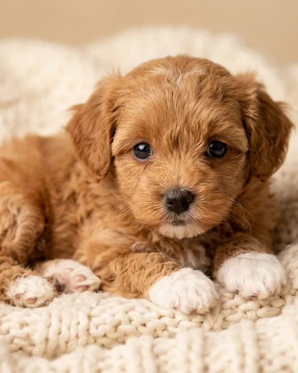 Mokka, 6 hetes maltipoo szuka kölyök, karamell-fehér, egy tenyérben
